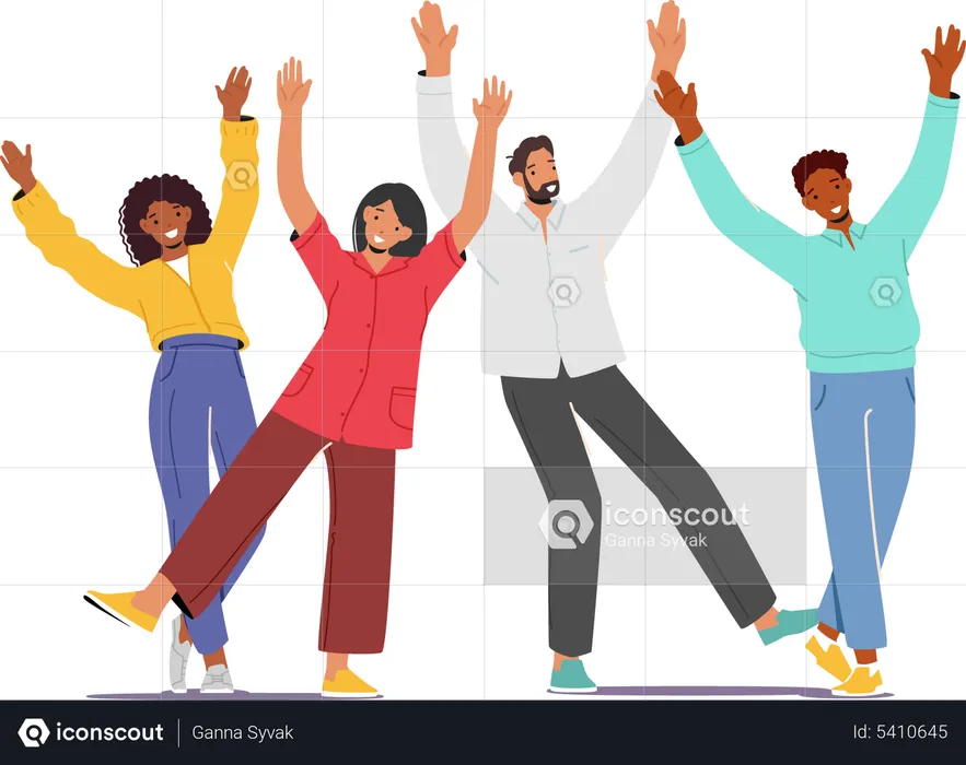 Happy People Raising and Waving Hands  Illustration