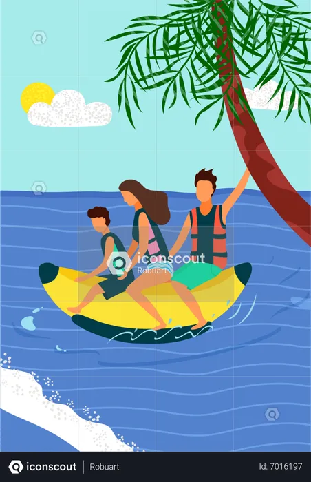 Happy people riding inflatable banana  Illustration