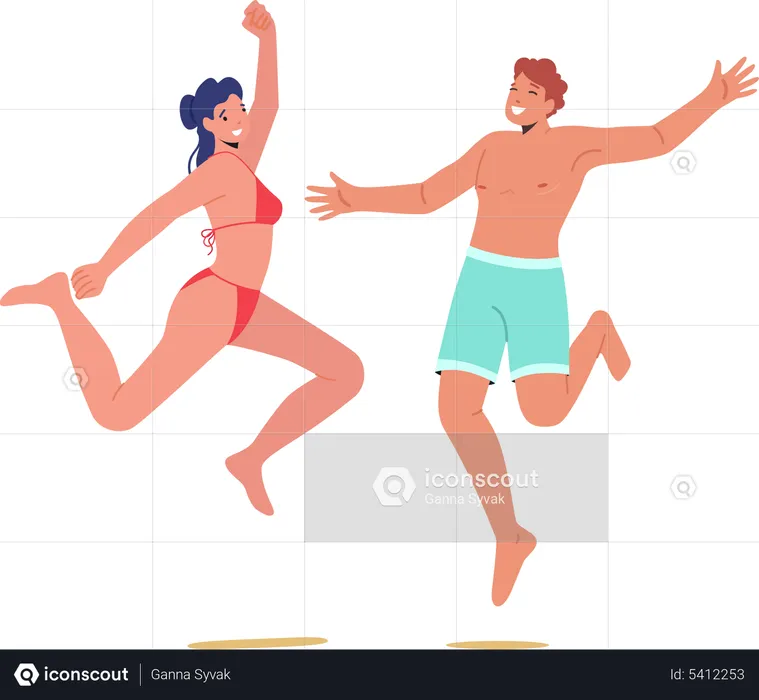 Happy People Wearing Swimming Suits and Jumping with Hands Up  Illustration