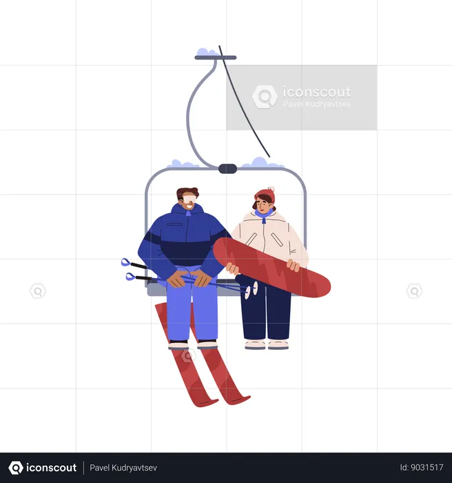 Happy people with skis and snowboard riding on chairlift  Illustration