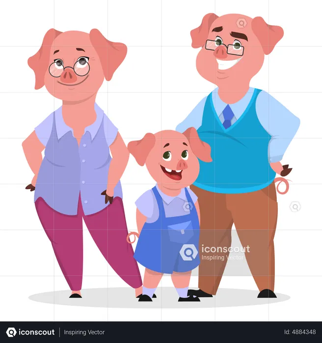 Happy pig family in clothes  Illustration