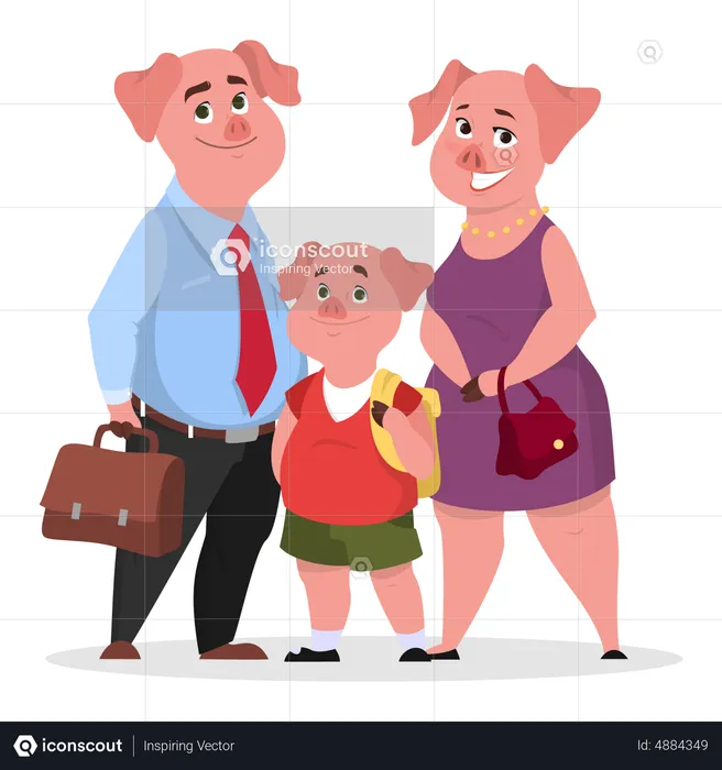 Happy pig family in clothes. Mother, father and child  Illustration