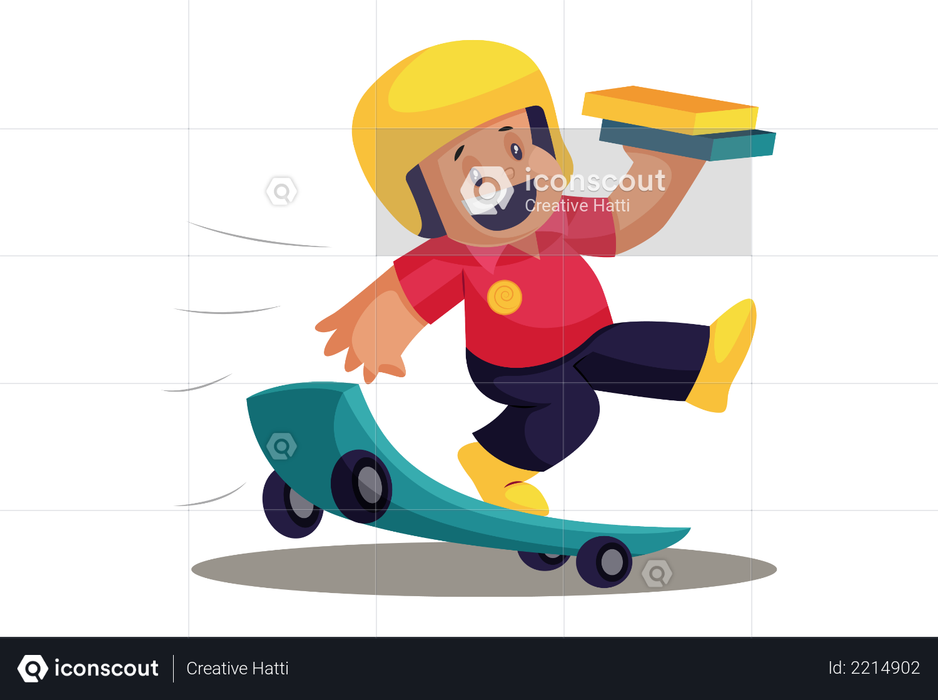 Happy Pizza Delivery Man on Skateboard Illustration