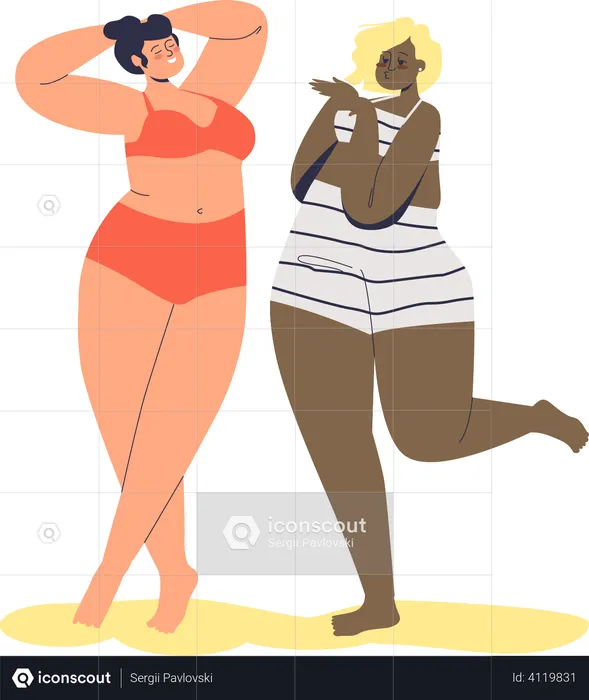 Happy plus size diverse female cartoon characters in lingerie. Body positive movement concept  Illustration