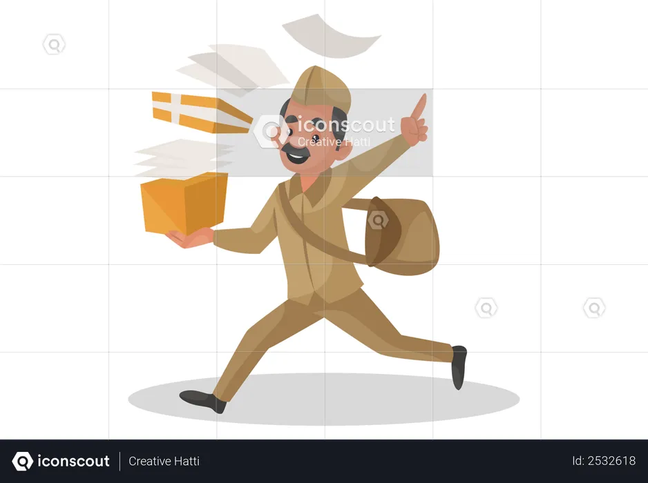 Happy postman running and holding letter box in his hand  Illustration