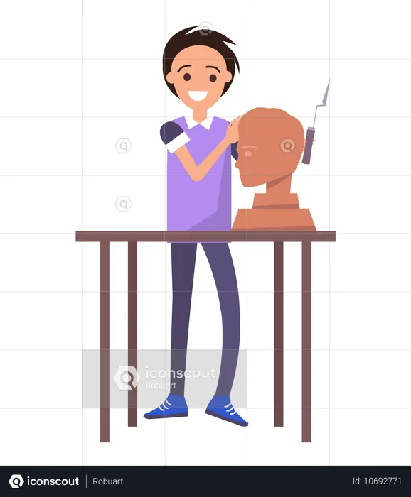 Oleiro feliz trabalhando com escultura de busto masculino  Ilustração