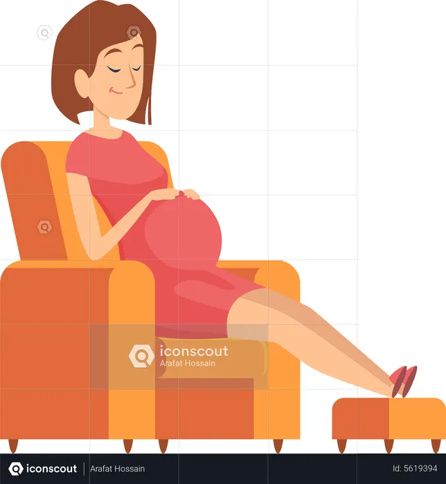 Happy pregnant female sitting on sofa  Illustration