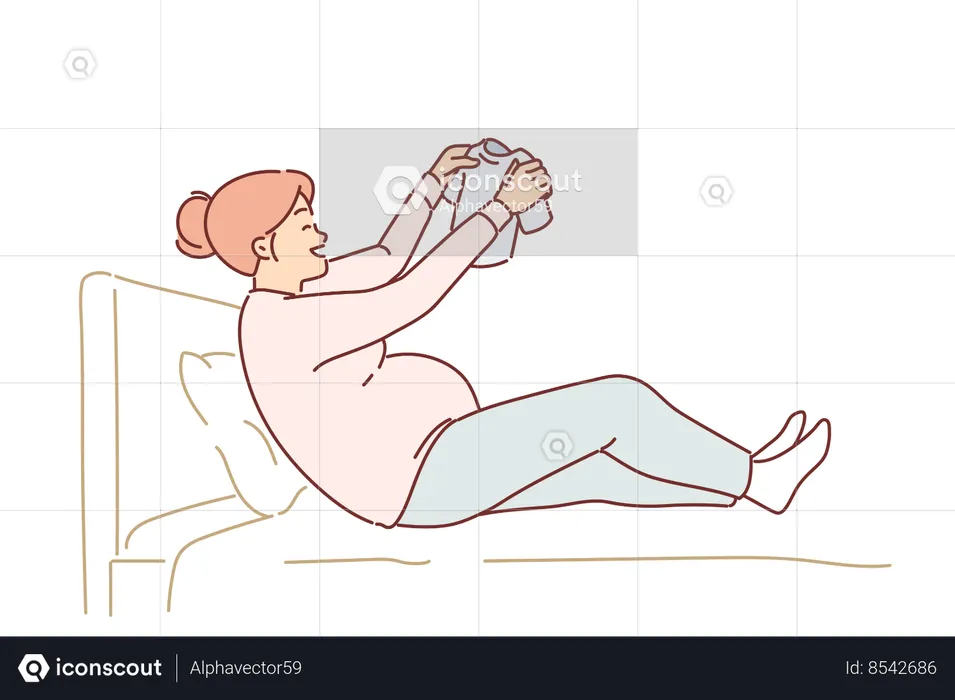 Happy pregnant woman sits on bed holding small t-shirt for baby and smiles  Illustration