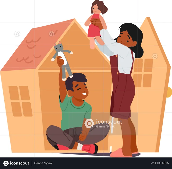 Happy preschool brother and sister playing toys and doll house enjoying innocence  Illustration