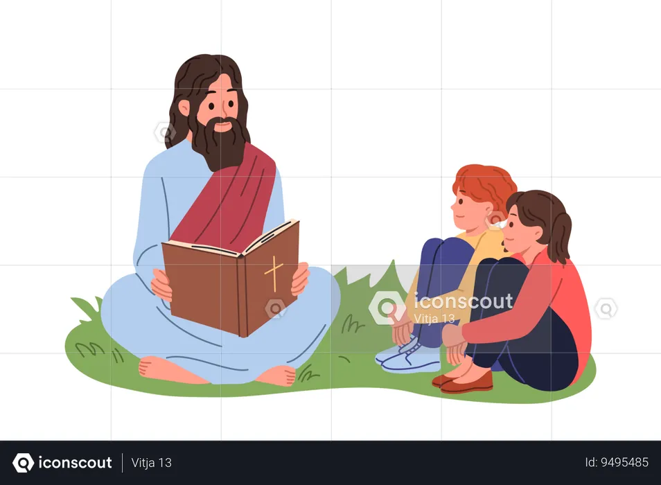 Happy priest reading bible book with child  Illustration