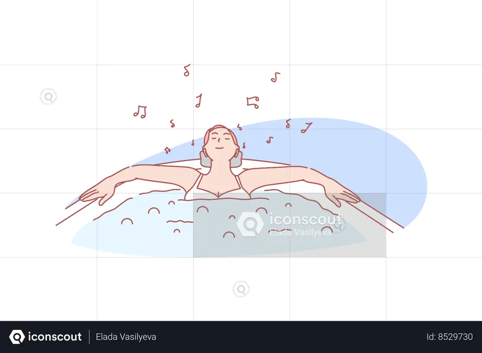 Happy relaxing woman taking bath with pleasure listening music  Illustration