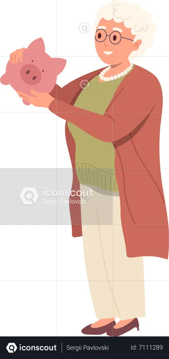 Happy retired elderly woman holding piggy bank  Illustration