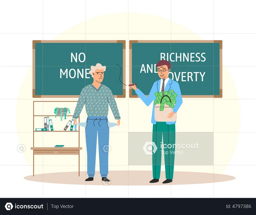 Happy rich businessman with bag of money with poor thriftiness woman  Illustration