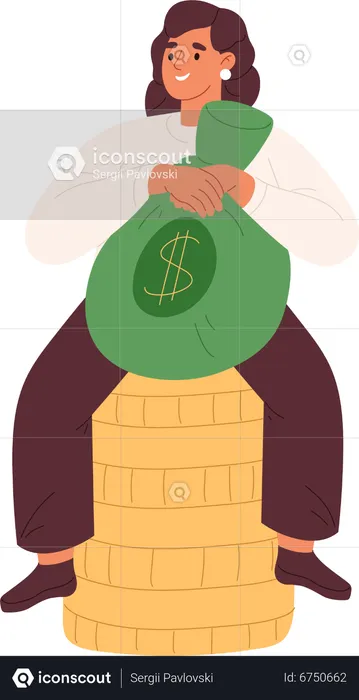 Happy rich woman hold money bag  Illustration