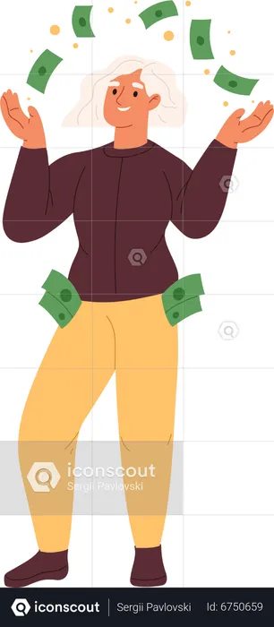 Happy rich woman throwing money, making cash rain. Millionaire female playing with savings  Illustration