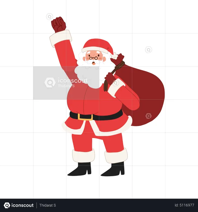 Happy Santa Claus is carry a sack of gift raising hand  Illustration