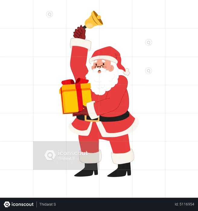 Happy Santa Claus with gift box and ringing the bell  Illustration