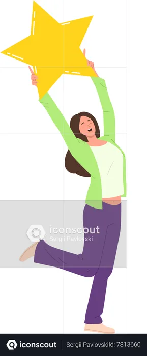 Happy satisfied woman holding golden rating star overhead making good choice  Illustration