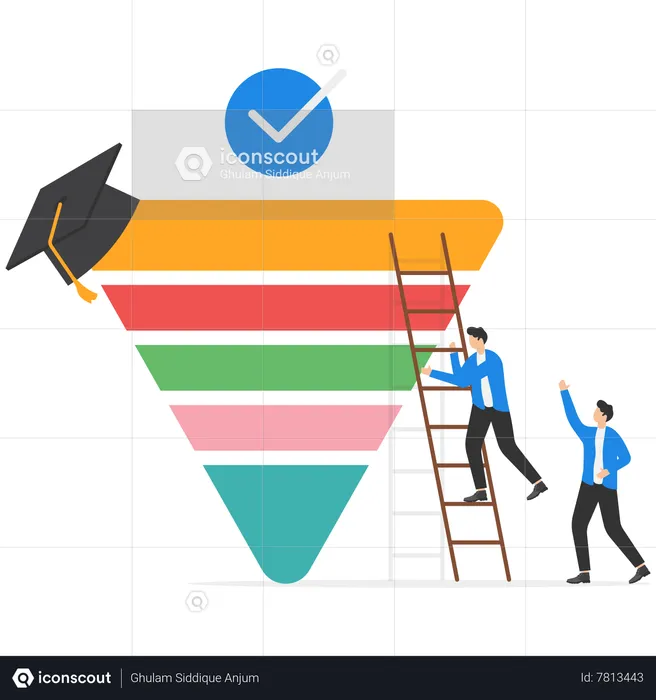 Happy schoolboy and his friend with ladder to reach the top of education in inverted triangle  Illustration