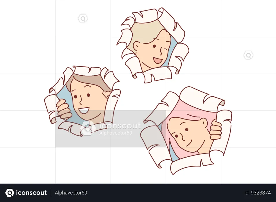 Happy schoolgirls make surprise by peeking out of holes in papers  Illustration