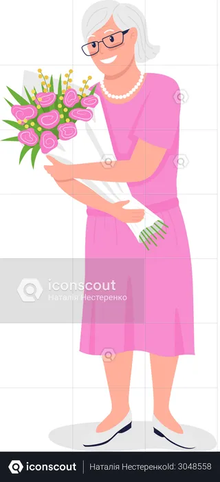 Happy senior Caucasian woman with flowers  Illustration