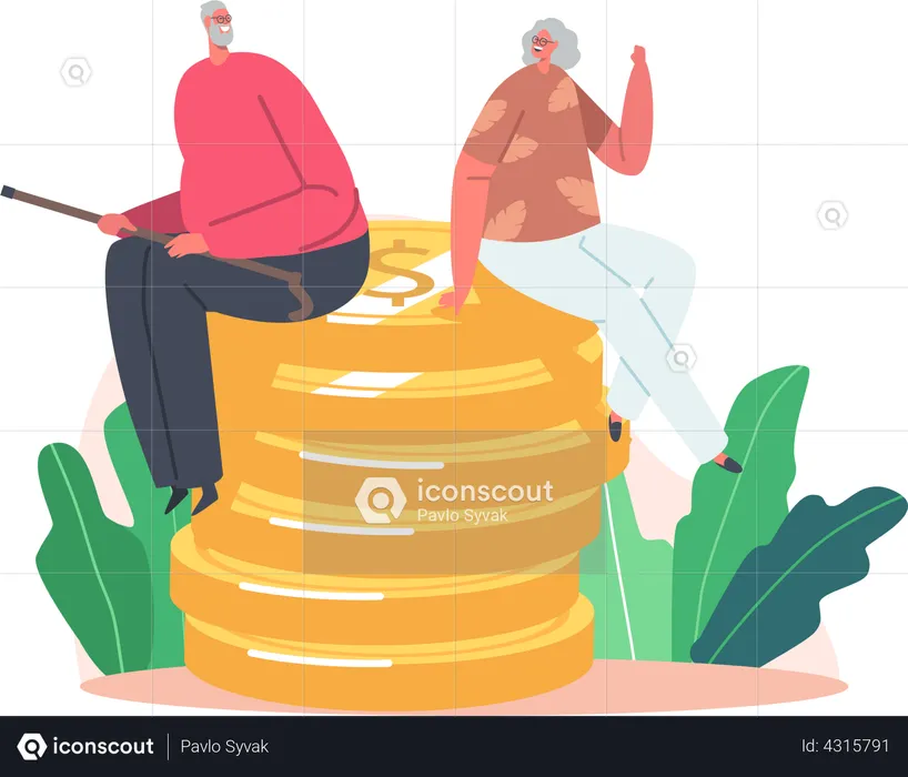 Happy Senior Characters Sitting on Huge Pile of Coins  Illustration