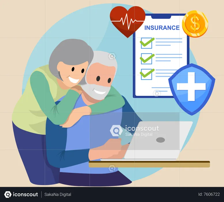 Happy senior couple select insurance protect health and life form computer  Illustration