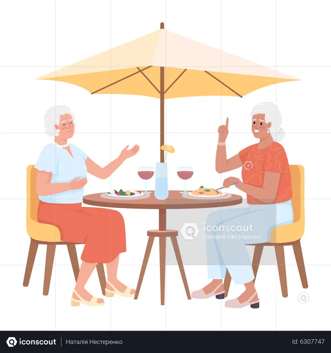 Happy senior female friends having fancy dinner  Illustration