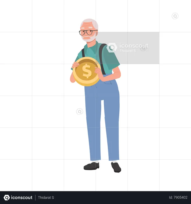 Happy Senior man Smiling while Holding big coin  Illustration