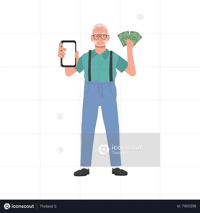 Happy Senior man Using Smartphone for Financial Transactions  Illustration