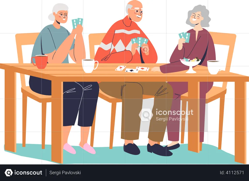 Happy senior people playing cards  Illustration