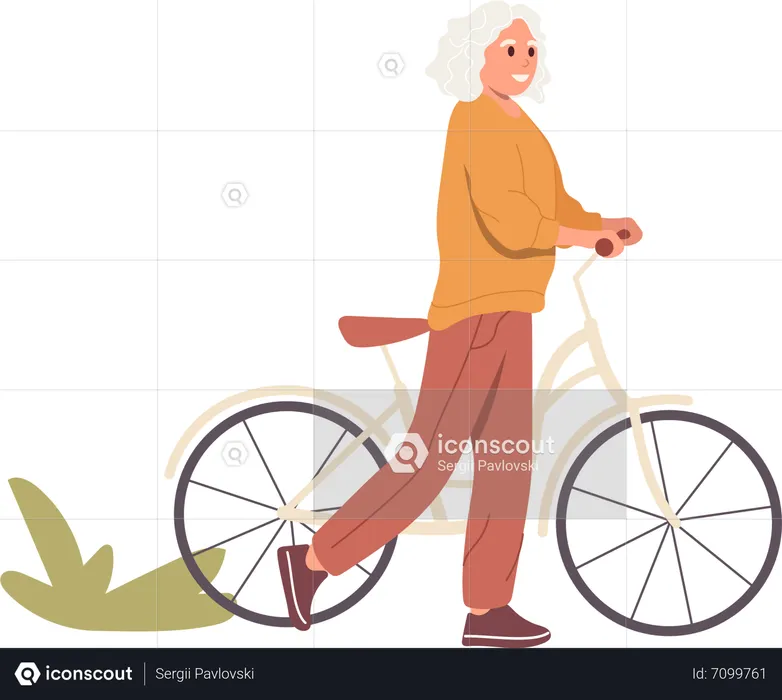 Happy senior woman enjoying outdoor cycling walking in urban city park  Illustration