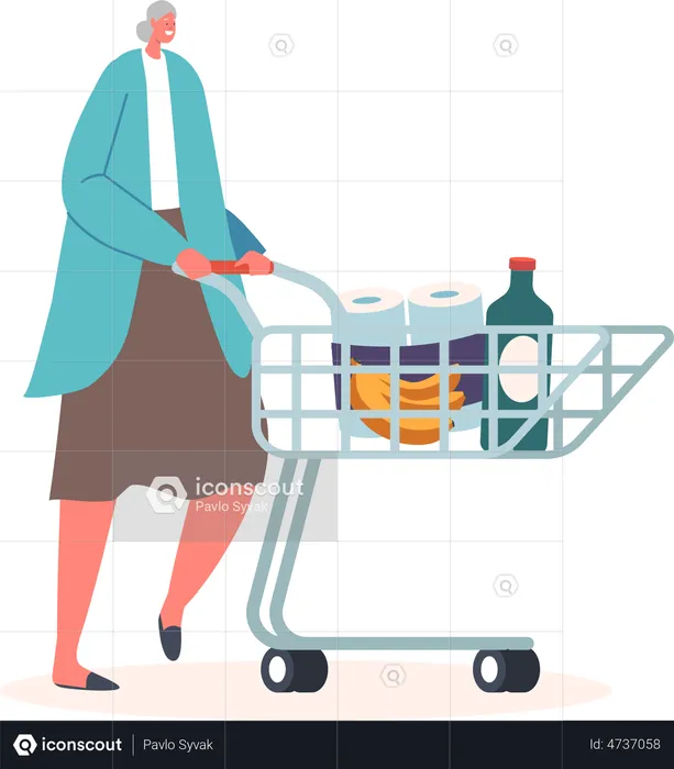 Happy Senior Woman with Shopping Cart  Illustration