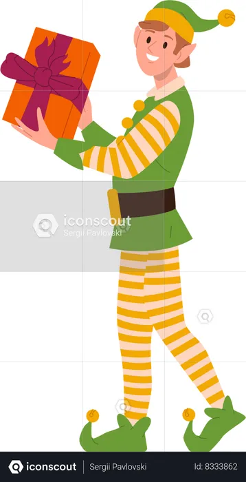 Happy smiling boy elf wearing green striped costume carrying Christmas gift box  Illustration