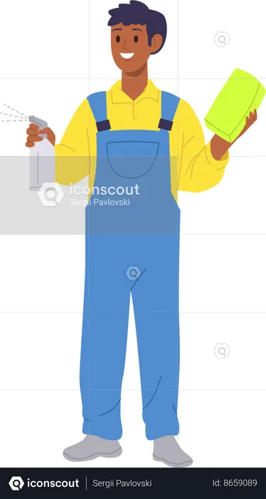 Happy smiling carwash worker holding sponge and detergent in hands ready to work  Illustration