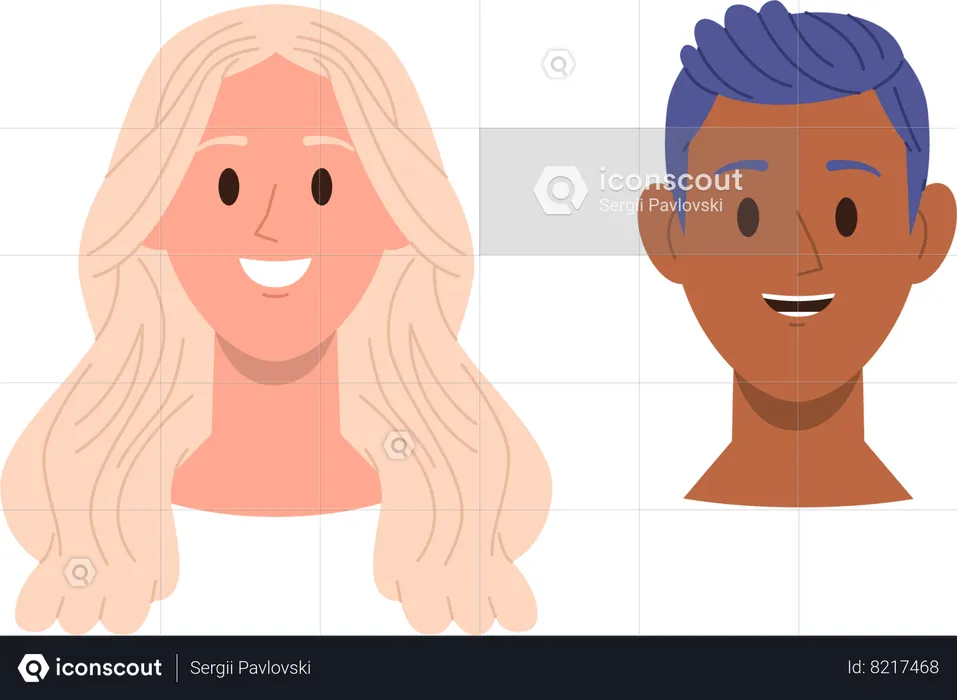 Happy smiling face of man and woman with healthy hair  Illustration