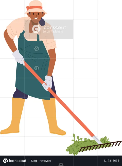 Happy smiling female gardener raking dried grass  Illustration