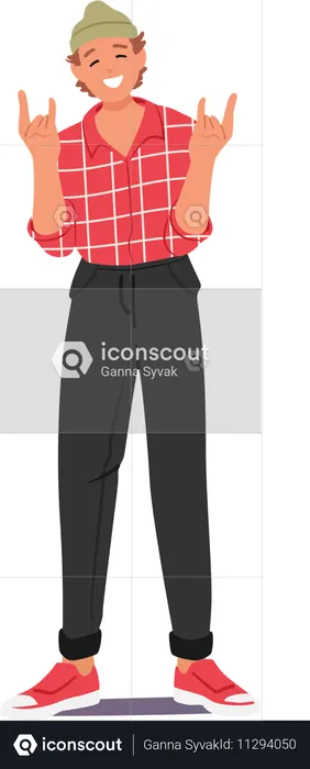 Happy smiling hipster gesturing goat hand sign  Illustration