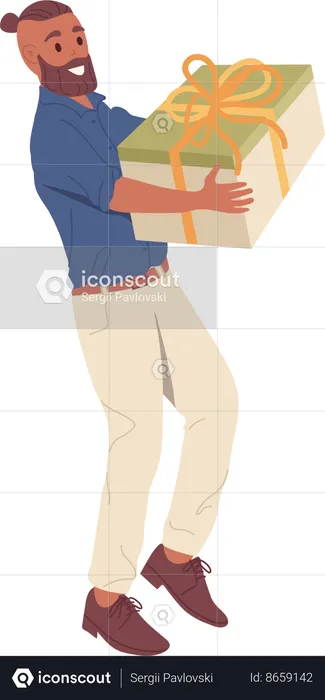 Happy smiling hipster guy carrying festive gift box in hand  Illustration