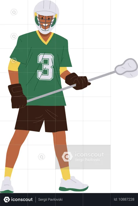 Happy smiling lacrosse player wearing traditional uniform holding club  Illustration