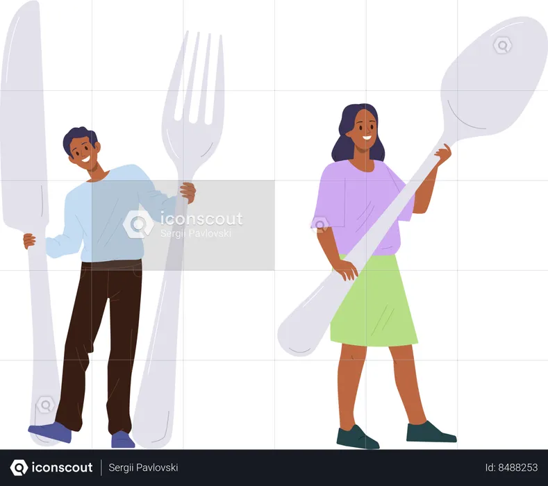 Happy smiling man and woman holding  cutlery kitchen utensils  Illustration