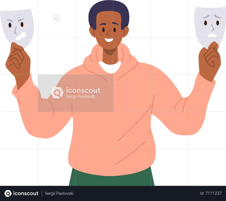 Happy smiling man character choosing how to expressing fake emotion with anger mask  Illustration