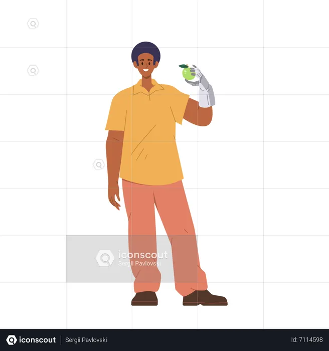 Happy smiling man holding apple fruit in new biomechanical hand  Illustration