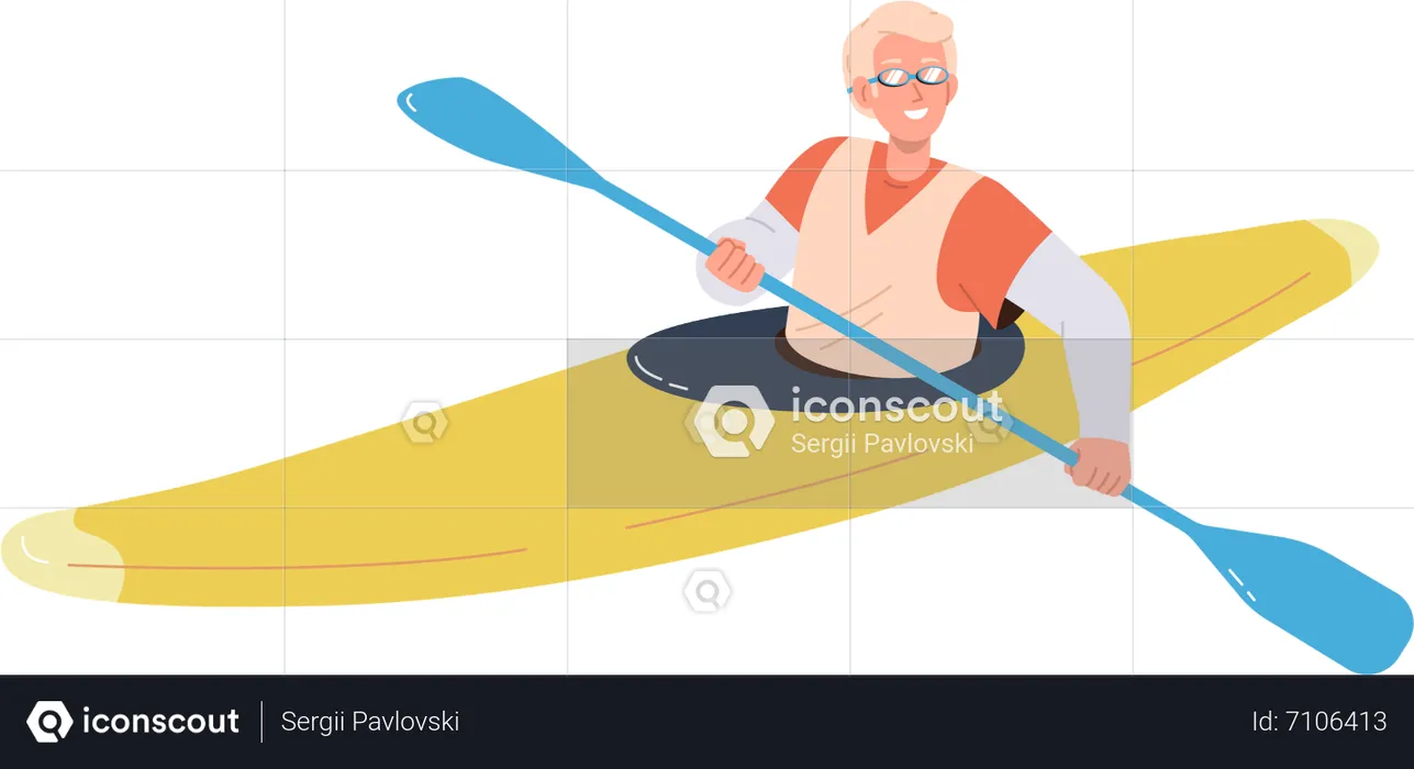 Happy smiling man kayaking sitting in boat paddling  Illustration