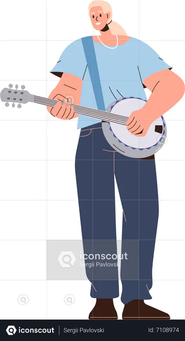Happy smiling woman musician playing banjo guitar  Illustration