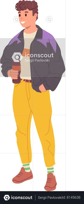 Happy smiling young guy wearing 90s retro-styled clothing and drinking soda  Illustration