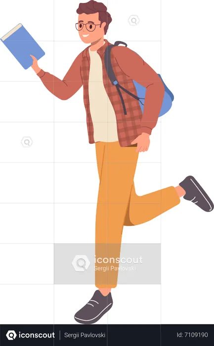 Happy smiling young male student with book and backpack  Illustration