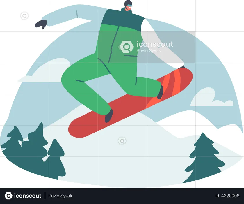 Happy Snowboarder Riding Snowboard by Snow Slopes at Winter  Illustration
