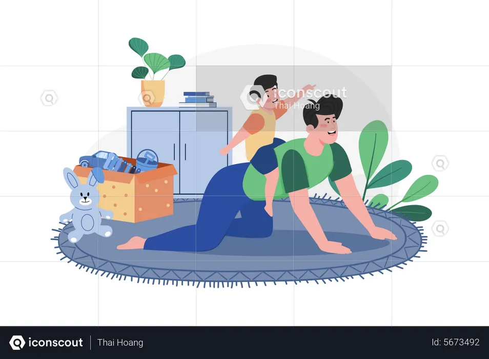 Happy son rides on his father's back  Illustration
