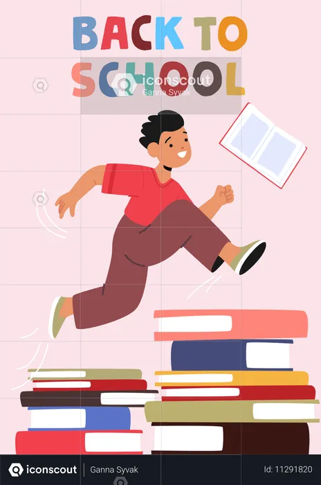 Happy Student Boy Jumps Over Stacked Books  Illustration